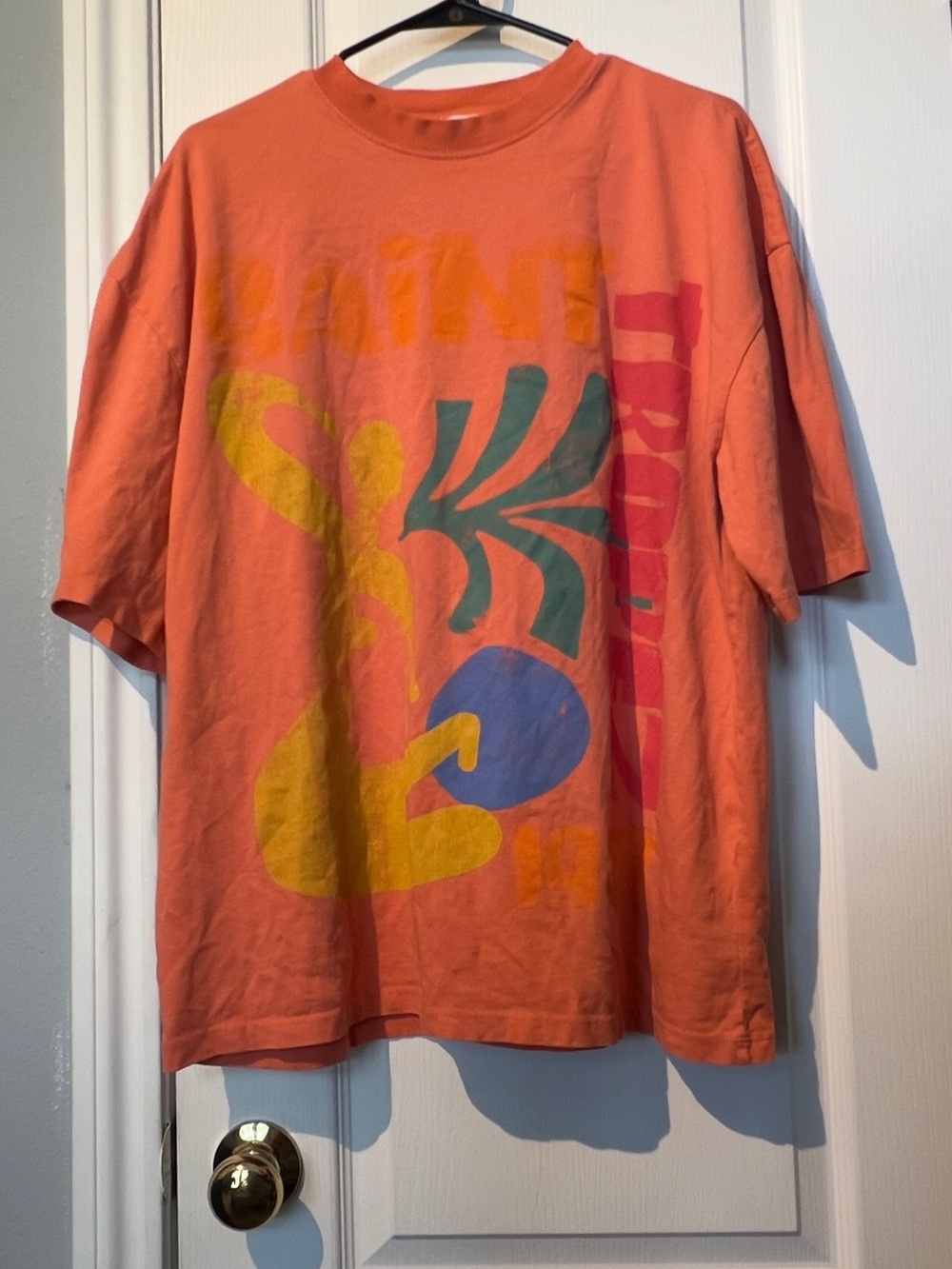 Topshop Oversize-T-Shirt in Orange „St Tropez“-art print sz small